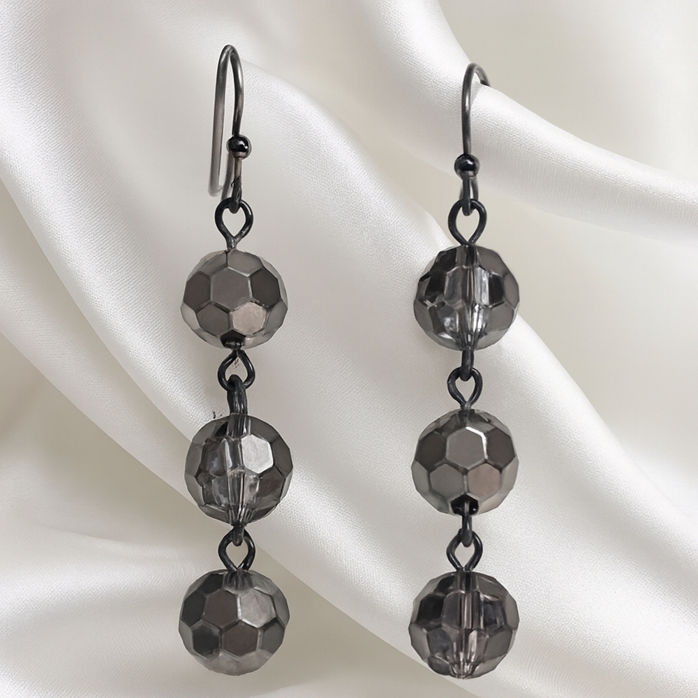 Black & Silver Faceted Bead Earrings – Elegant Gunmetal Chain Drop Dangles Style